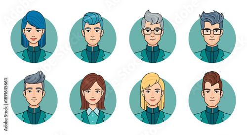 Collection of cheerful cartoon professionals in teal uniforms representing teamwork and diversity with various hairstyles and glasses