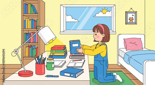 Independent little girl organizing books and supplies on her study desk, modern flat vector encouraging good habits and learning discipline
