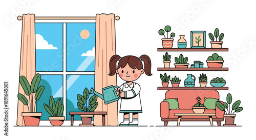 Independent little girl watering indoor plants, modern flat vector showing good habits, care for nature, and responsible daily routine