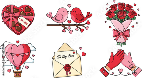 Valentine’s Day romantic icons, heart box, lovebirds, roses, hot air balloon, love letter, hands heart, festive illustration