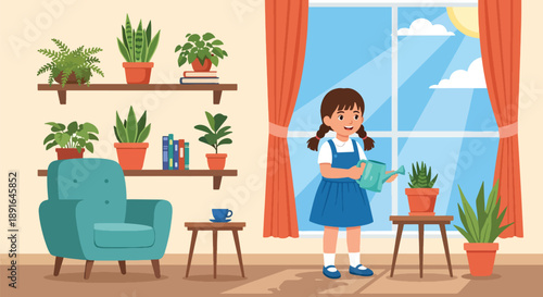 Independent little girl watering indoor plants, modern flat vector showing good habits, care for nature, and responsible daily routine