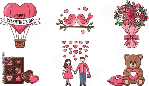 Valentine’s Day romantic icons, heart balloon, lovebirds, flower bouquet, chocolates, couple, teddy bear, festive illustration, celebration
