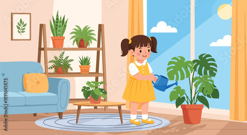 Independent little girl watering indoor plants, modern flat vector showing good habits, care for nature, and responsible daily routine