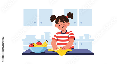 Independent little girl wiping the kitchen table, modern flat vector illustrating good habits, cleanliness, and home responsibility