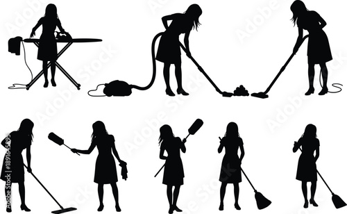 House Cleaning Woman Silhouette Set Showing Vacuuming, Ironing, Sweeping and Dusting Activities, Domestic Maid Chores Collection Isolated on White