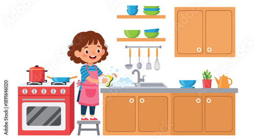 Independent little girl washing dishes at the sink, modern flat vector promoting good habits and responsible daily home routine