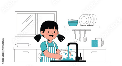Independent little girl washing dishes at the sink, modern flat vector promoting good habits and responsible daily home routine