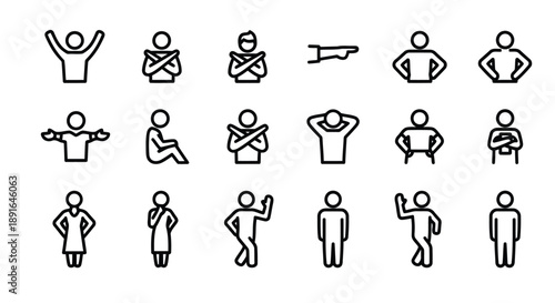 Diverse set of minimalist human silhouette icons depicting daily activities, fitness, gestures, and interactions in outline style