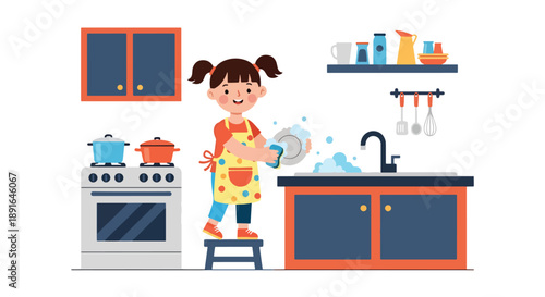 Independent little girl washing dishes at the sink, modern flat vector promoting good habits and responsible daily home routine