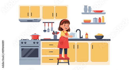 Independent little girl washing dishes at the sink, modern flat vector promoting good habits and responsible daily home routine
