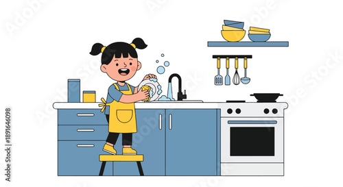 Independent little girl washing dishes at the sink, modern flat vector promoting good habits and responsible daily home routine
