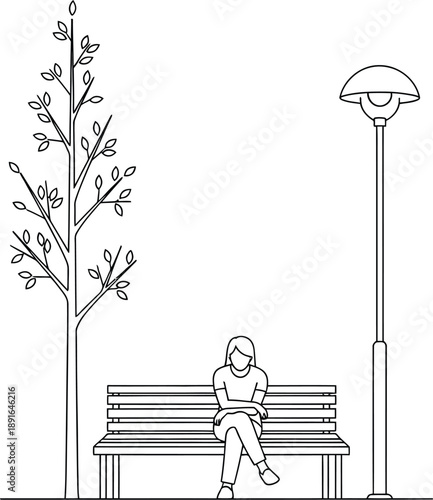 A solitary woman sits on a park bench in a minimalist line art illustration with a tree and lamppost