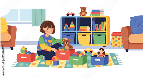 Independent little girl sorting toys into boxes, modern flat vector showing good habits, organization skills, and clean playroom routine