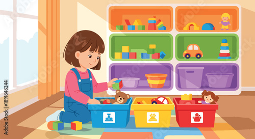 Independent little girl sorting toys into boxes, modern flat vector showing good habits, organization skills, and clean playroom routine