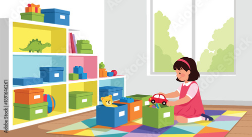 Independent little girl sorting toys into boxes, modern flat vector showing good habits, organization skills, and clean playroom routine