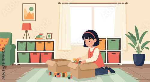 Independent little girl sorting toys into boxes, modern flat vector showing good habits, organization skills, and clean playroom routine