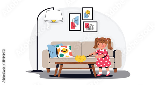 Independent little girl dusting furniture in the living room, modern flat vector promoting good habits and clean home lifestyle
