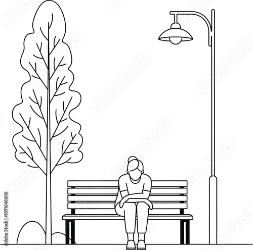 A solitary woman sits on a park bench, reflecting in quiet contemplation