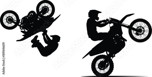 Motocross Stunt Silhouettes Showing Extreme Motorcycle Wheelies and Flips, Freestyle Dirt Bike Action, Adrenaline Sports Adventure Concept Racing Lifestyle Illustration