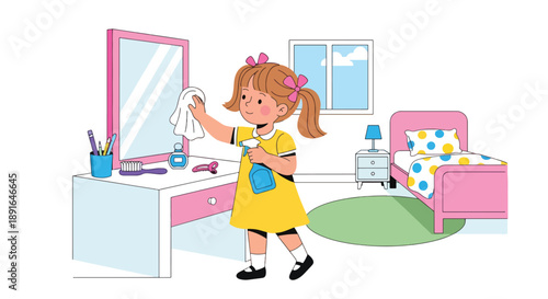Independent little girl cleaning her room mirror, modern flat vector showing good habits and attention to personal space