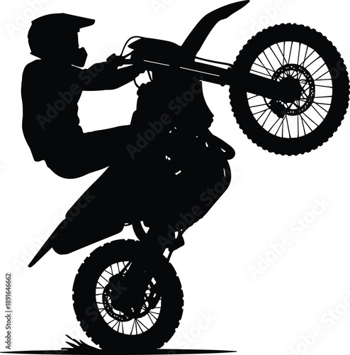 Motocross Rider Silhouette Performing High Wheelie Stunt, Extreme Motorcycle Action, Freestyle Dirt Bike Sport, Adrenaline Adventure Concept