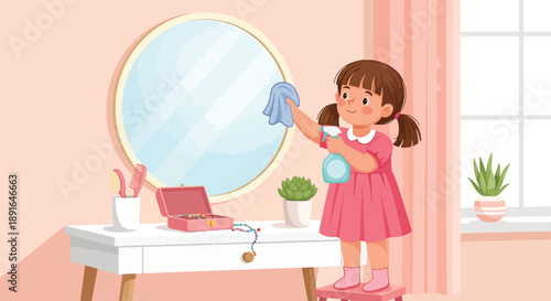 Independent little girl cleaning her room mirror, modern flat vector showing good habits and attention to personal space