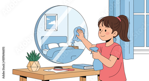 Independent little girl cleaning her room mirror, modern flat vector showing good habits and attention to personal space