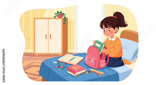 Independent little girl preparing her school bag, modern flat vector promoting good habits, readiness, and learning discipline