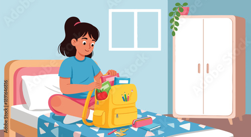 Independent little girl preparing her school bag, modern flat vector promoting good habits, readiness, and learning discipline