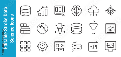 Editable stroke data science icons featuring database charts brain cloud and various analytical tools