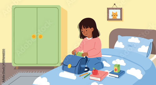 Independent little girl preparing her school bag, modern flat vector promoting good habits, readiness, and learning discipline