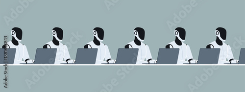 Many identical humanoid AI robots working with computers