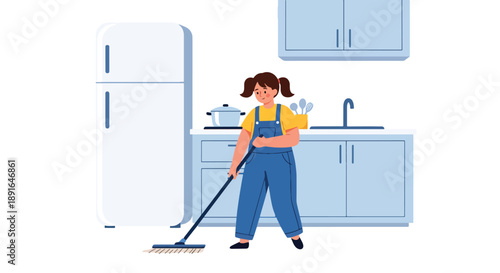 Independent little girl mopping the kitchen floor, modern flat vector promoting good habits and responsibility at home