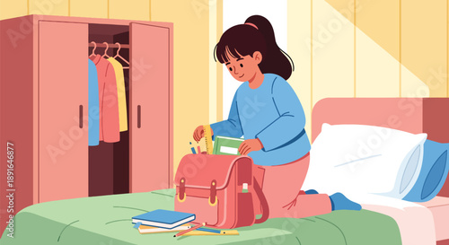Independent little girl preparing her school bag, modern flat vector promoting good habits, readiness, and learning discipline