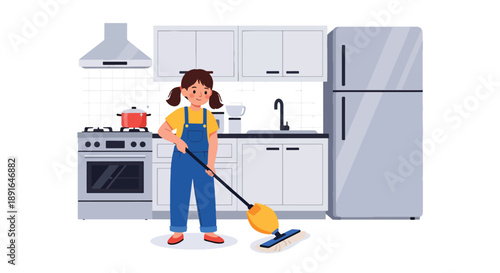 Independent little girl mopping the kitchen floor, modern flat vector promoting good habits and responsibility at home