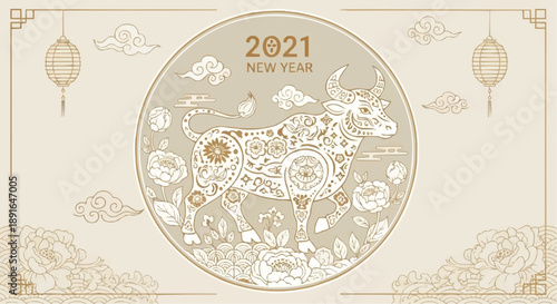 2021 chinese new year ox zodiac illustration with lanterns and clouds