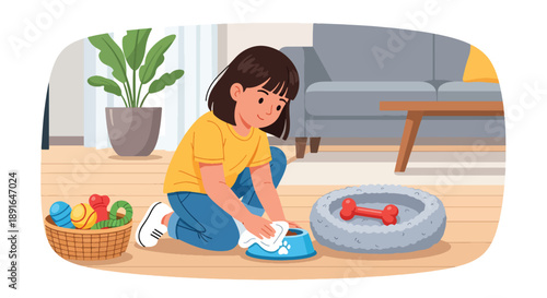 Independent little girl cleaning pet area at home, modern flat vector promoting good habits and caring attitude