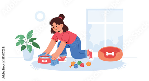 Independent little girl cleaning pet area at home, modern flat vector promoting good habits and caring attitude