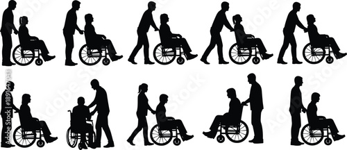 Caregiver Pushing Wheelchair With Patient Silhouettes Showing Healthcare Support, Disability Assistance, Elderly Care, Rehabilitation, and Medical Lifestyle Concept