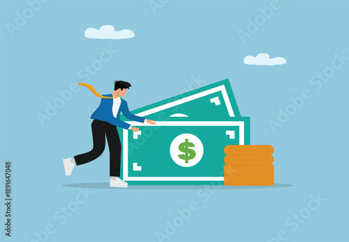 Financial Growth and Wealth Pursuit Concept with Business Person Pushing Giant Dollar Bills and Gold Coins Representing Success, Investment, and Economic Motivation