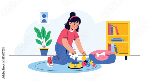 Independent little girl cleaning pet area at home, modern flat vector promoting good habits and caring attitude