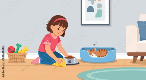 Independent little girl cleaning pet area at home, modern flat vector promoting good habits and caring attitude