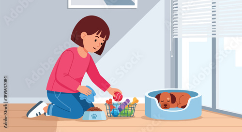 Independent little girl cleaning pet area at home, modern flat vector promoting good habits and caring attitude