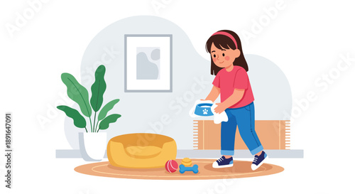 Independent little girl cleaning pet area at home, modern flat vector promoting good habits and caring attitude