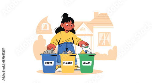 Independent little girl sorting recyclable waste, modern flat vector promoting good habits and eco-friendly responsibility