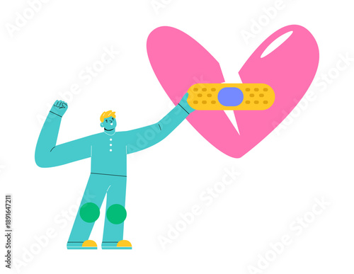 Man repair hole on the heart by adhesive plaster. Colorful vector illustration