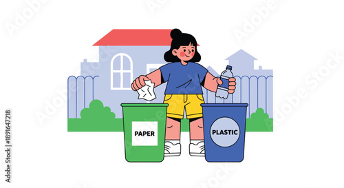 Independent little girl sorting recyclable waste, modern flat vector promoting good habits and eco-friendly responsibility