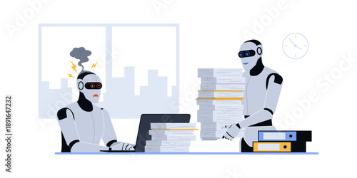 AI robot overloaded with work in the office