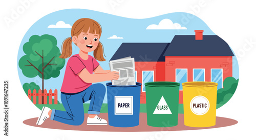 Independent little girl sorting recyclable waste, modern flat vector promoting good habits and eco-friendly responsibility