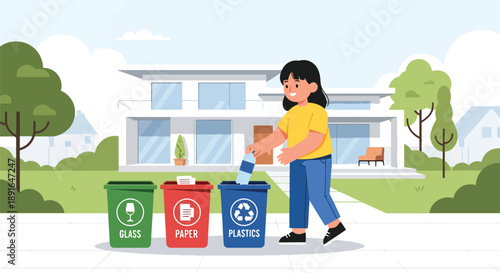 Independent little girl sorting recyclable waste, modern flat vector promoting good habits and eco-friendly responsibility